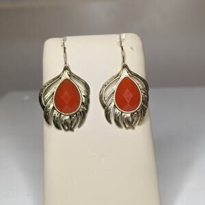 Yellow Gold Tone‎ and Orange Stone Feather Earrings